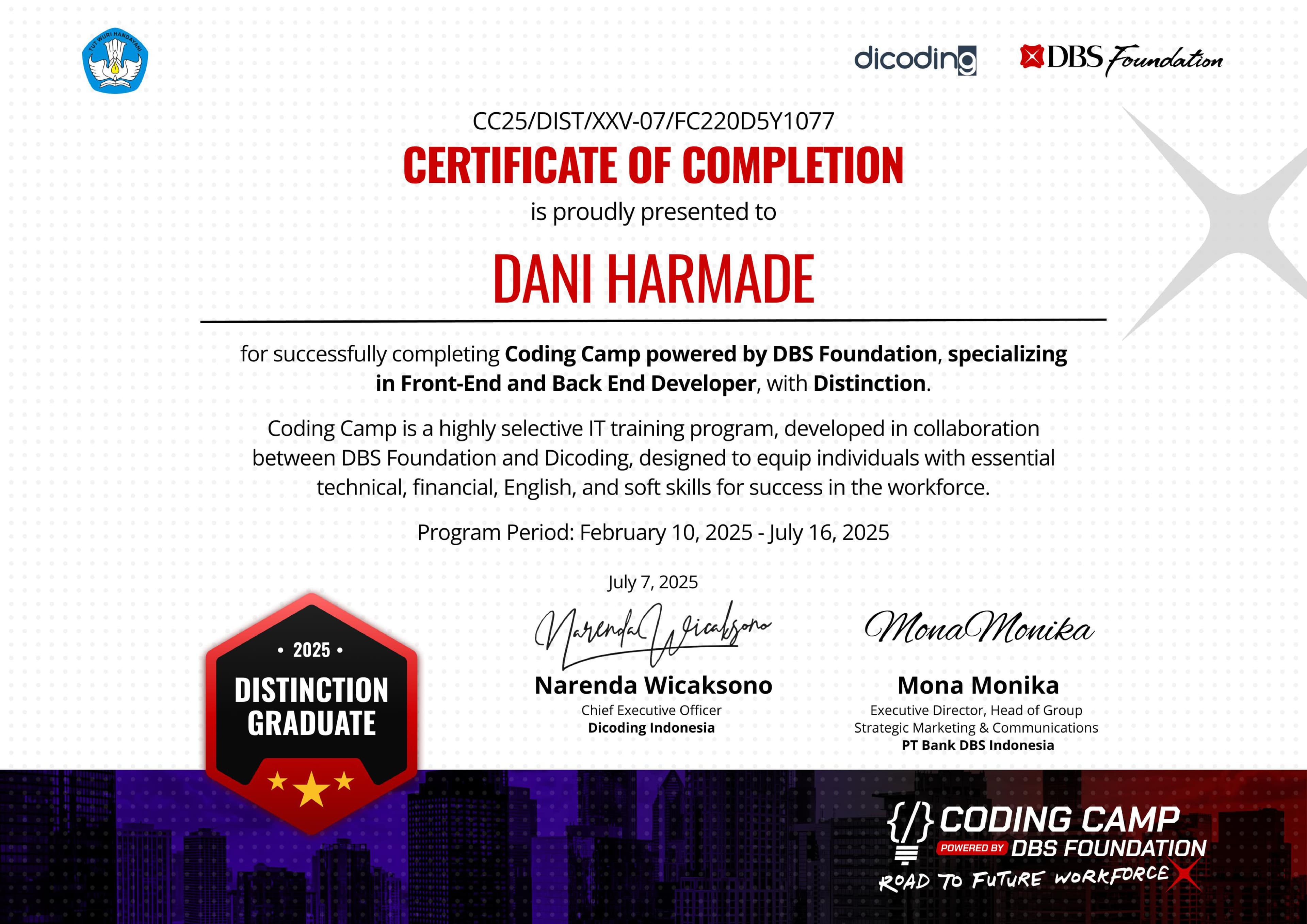 Specializing in Front-End and Back End Developer certificate