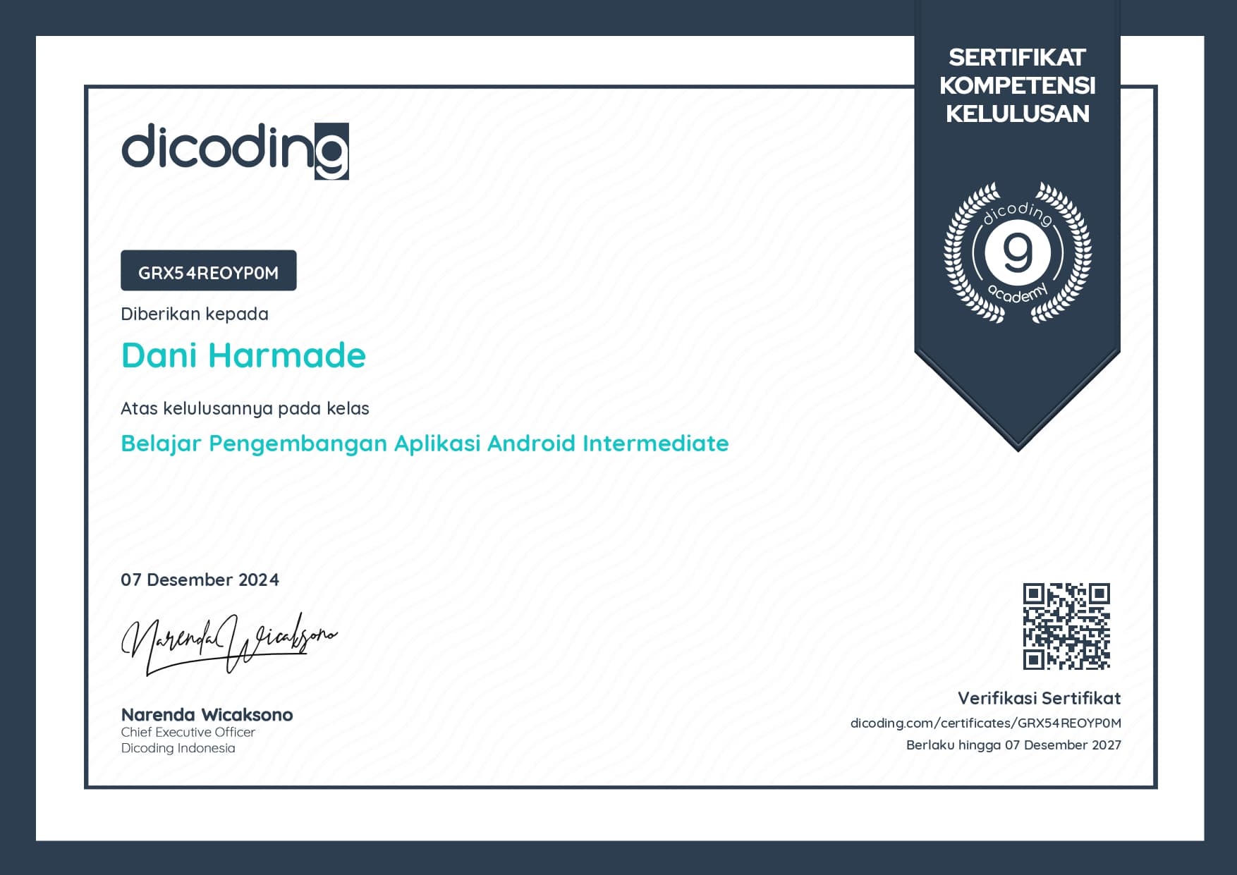 Intermediate Android Development certificate